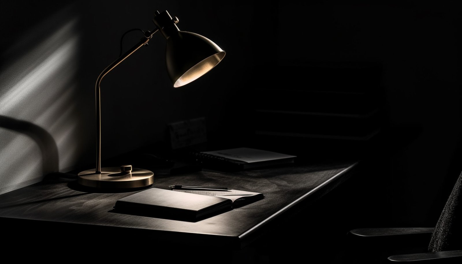 Modern office desk illuminated by electric lamp generated by AI